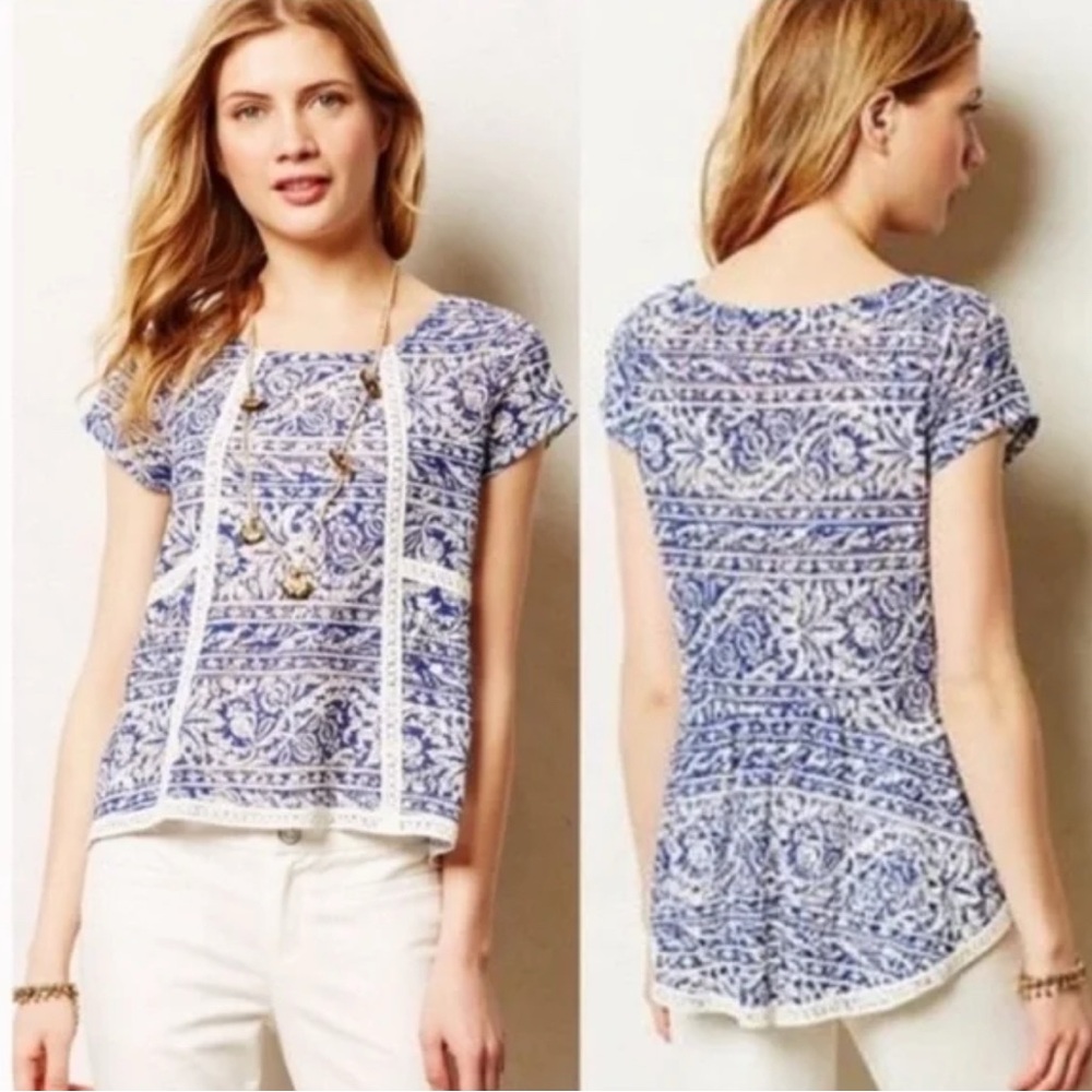 Anthropologie: Meadow Rue Blue Crochet Knit Hi Lo Tunic Top (M)